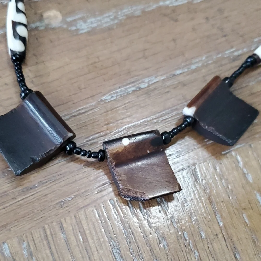 Elegant brown seed beaded necklace with brown,creme square wood accents